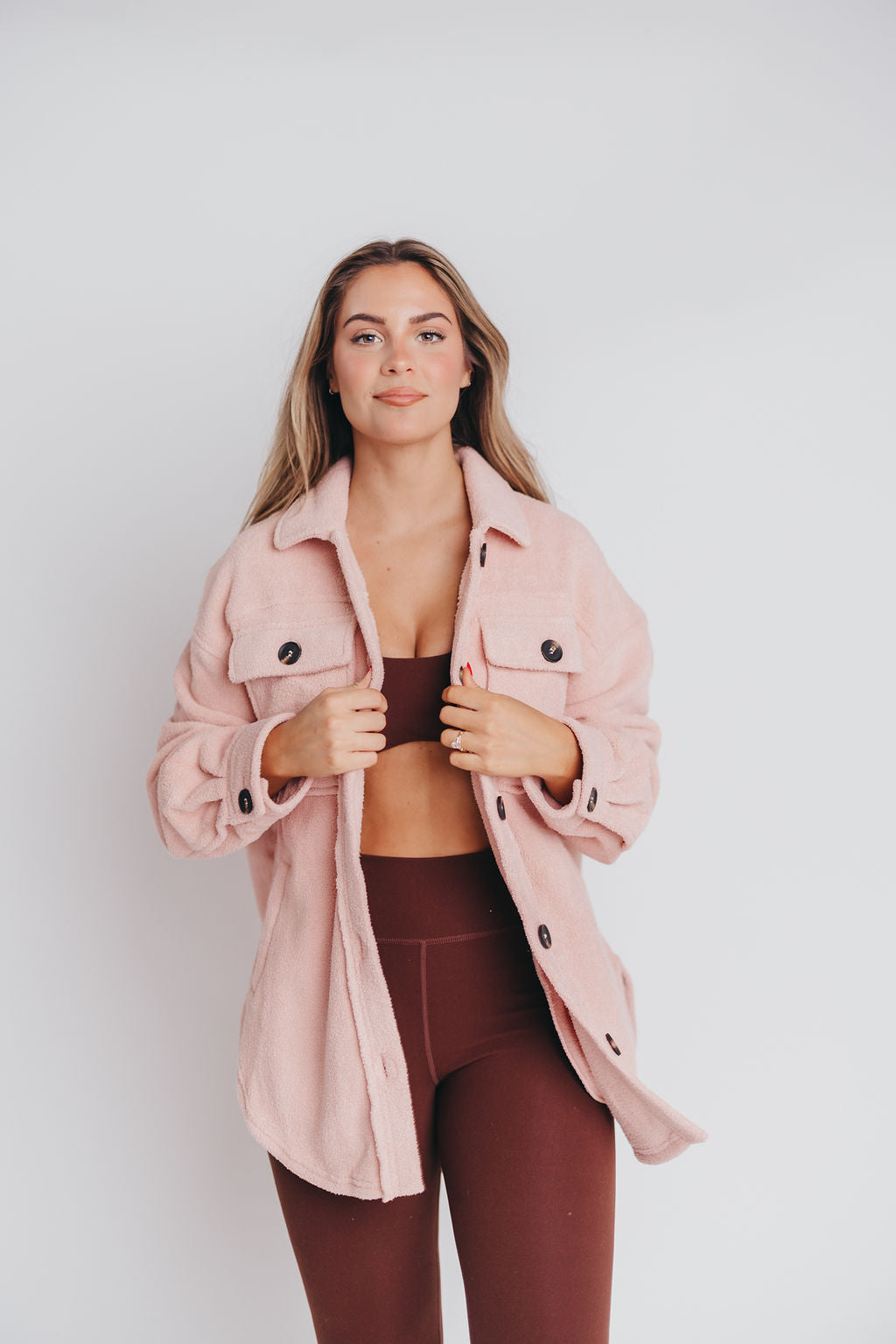 Premium Worth Collective Teddy Shacket in Blush
