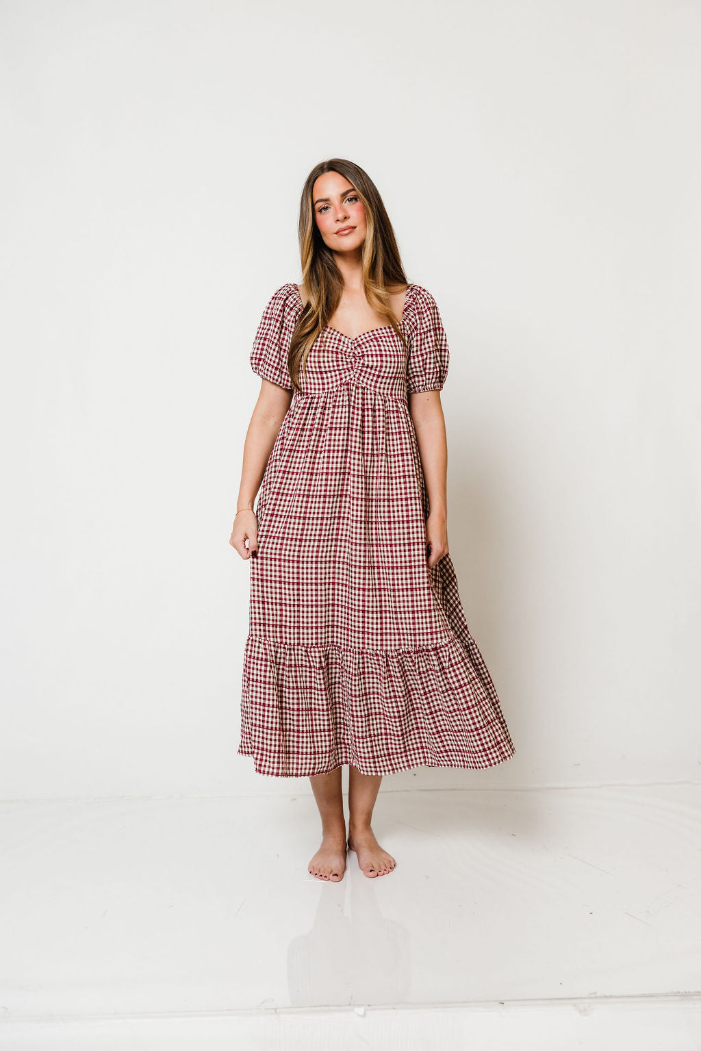 Maple Field Gingham Babydoll Midi Dress in Burgundy, studio view