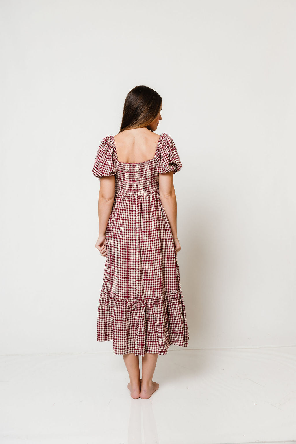 Maple Field Gingham Babydoll Midi Dress in Burgundy, another angle