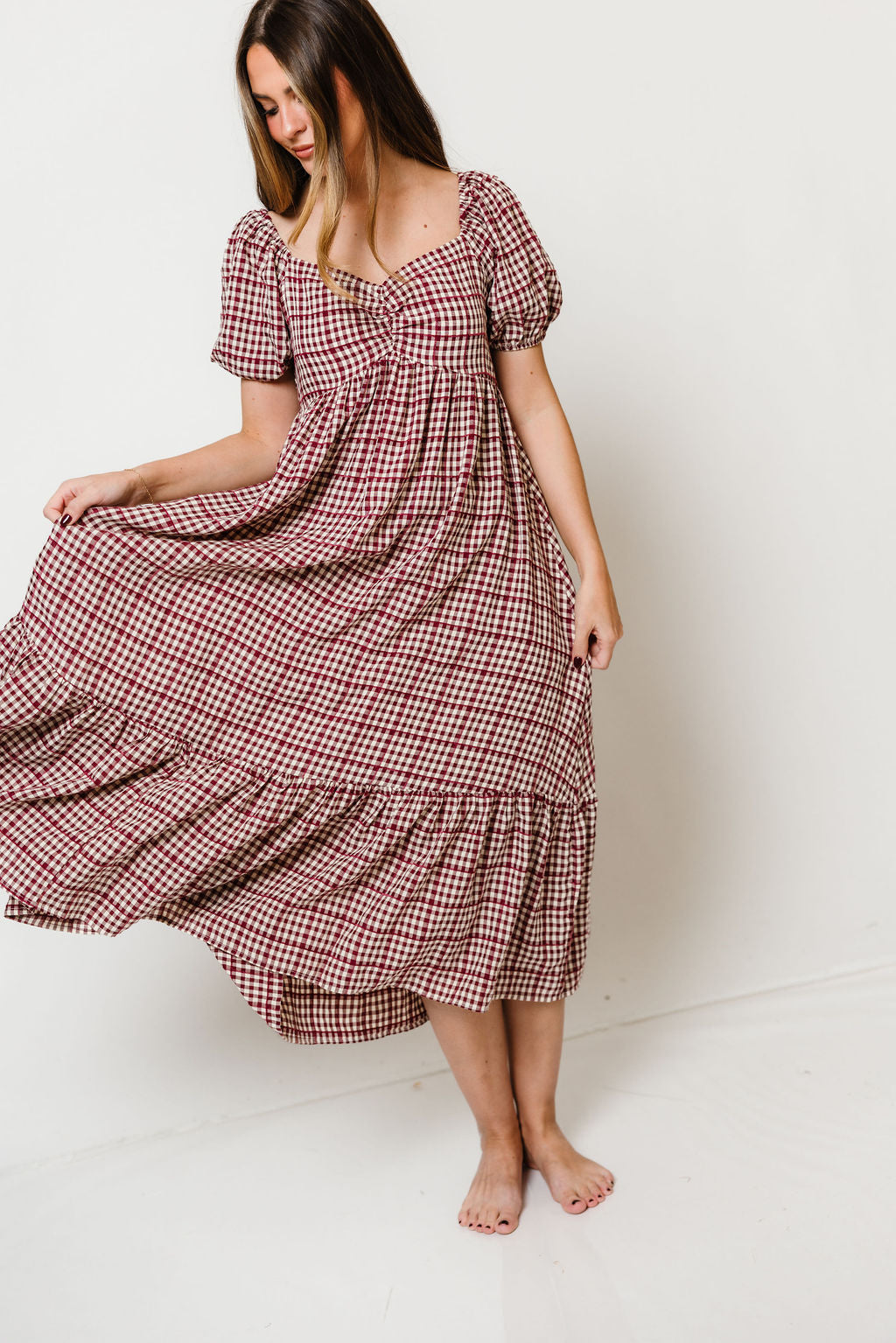 Maple Field Gingham Babydoll Midi Dress in Burgundy, back view