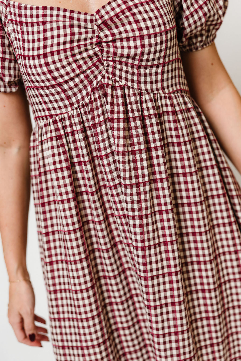 Maple Field Gingham Babydoll Midi Dress in Burgundy, back view