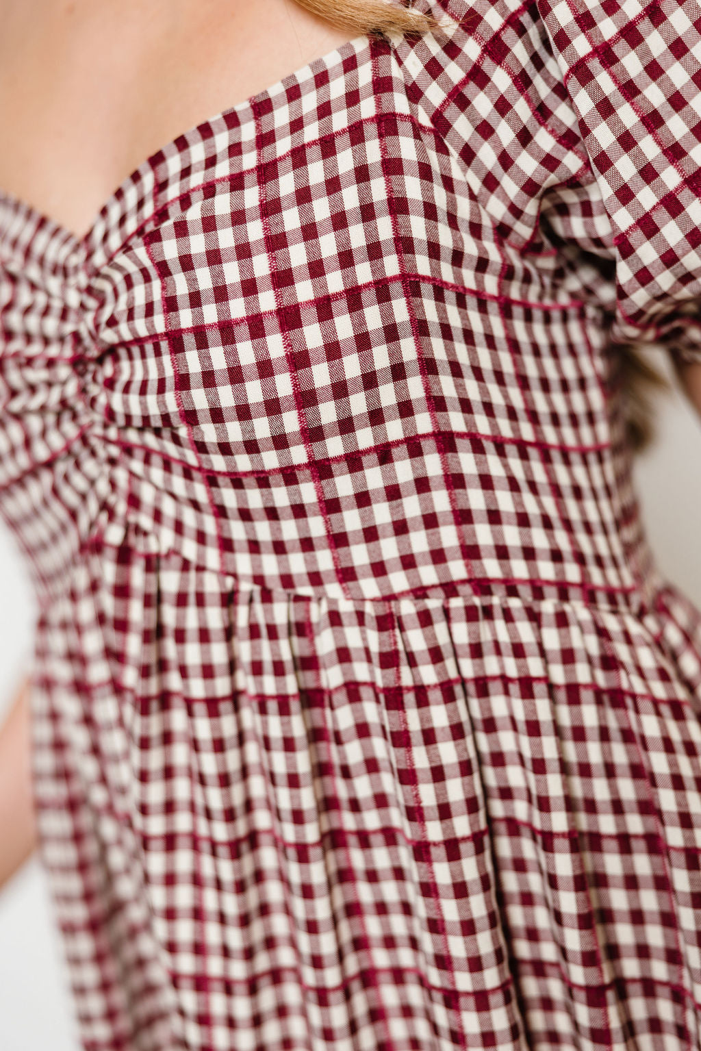 Maple Field Gingham Babydoll Midi Dress in Burgundy, close view
