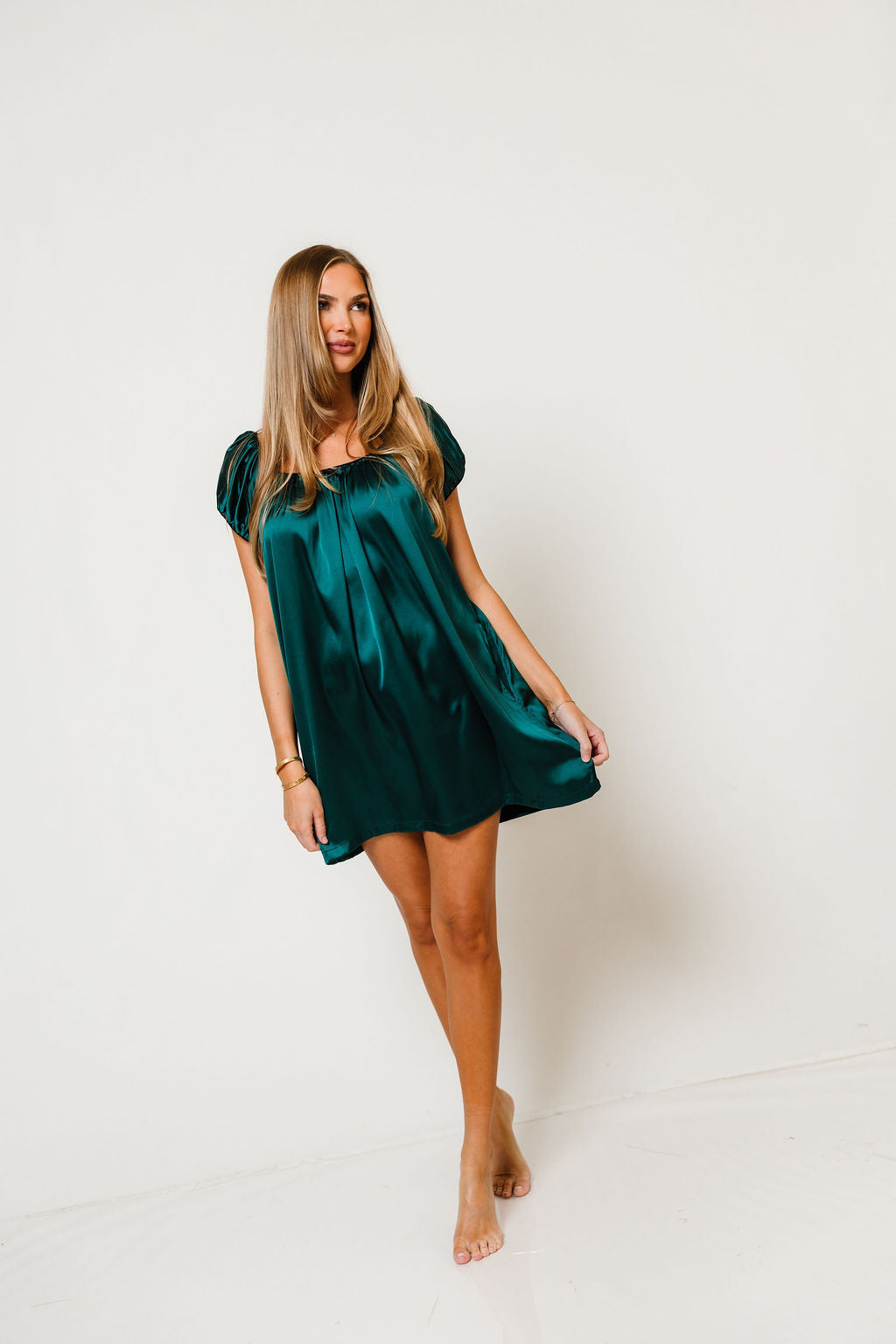 Ana Satin Puff Sleeve Mini Dress in Hunter Green, full length