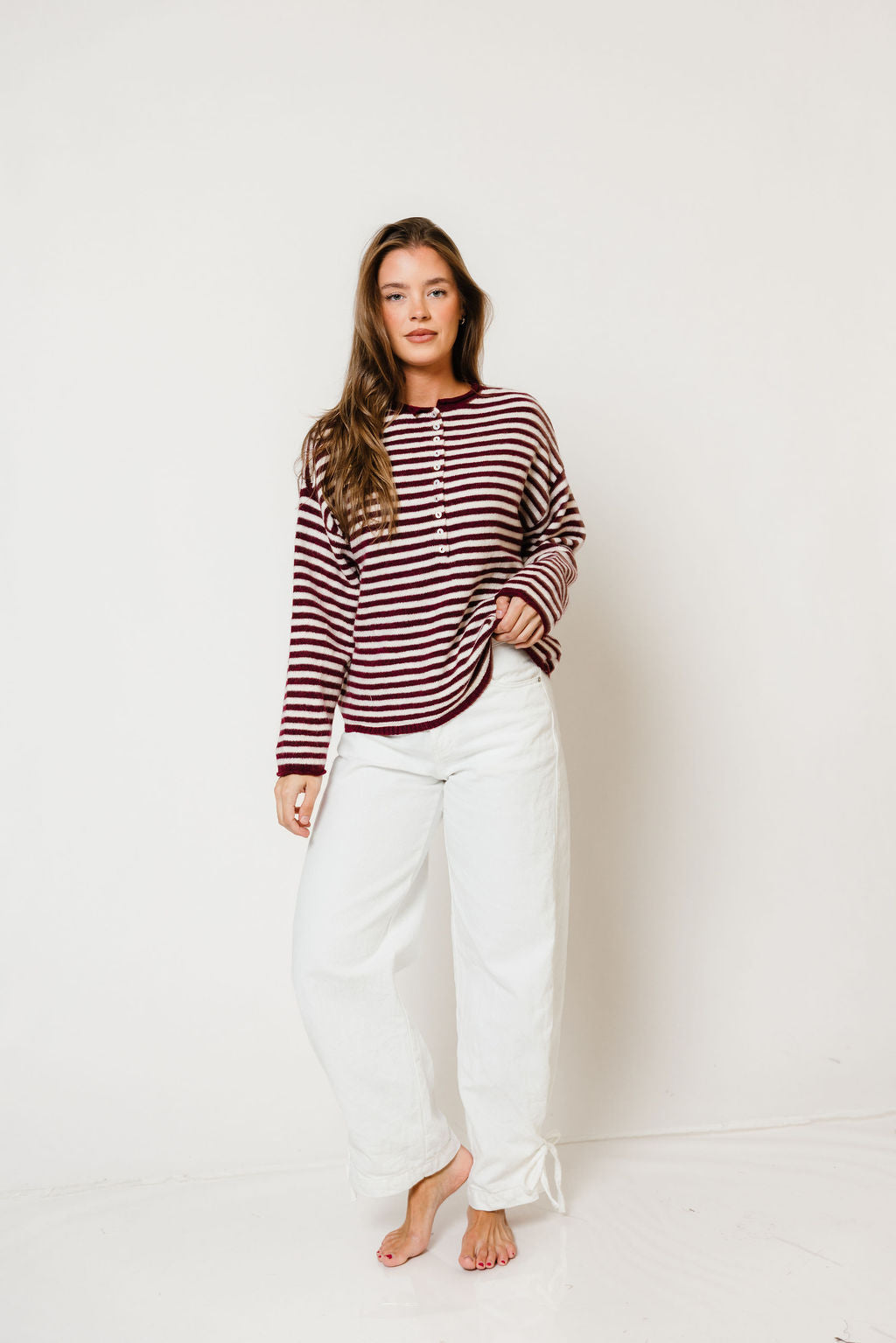 Ever Oversized Striped Henley Sweater in Wine/Cream, another angle