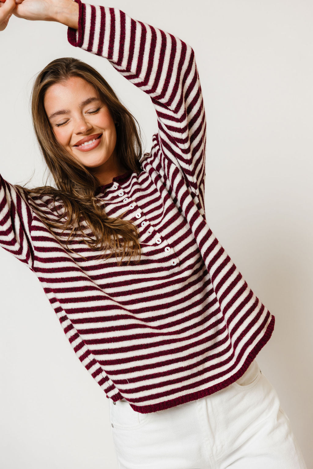Ever Oversized Striped Henley Sweater in Wine/Cream, close view