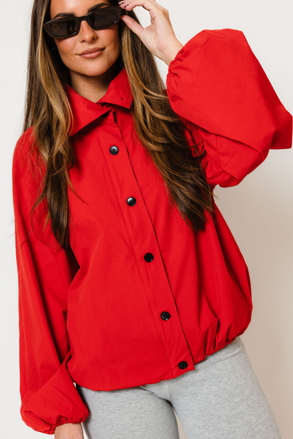 Savina Funnel Neck Nylon Bubble Jacket in Chili, close view