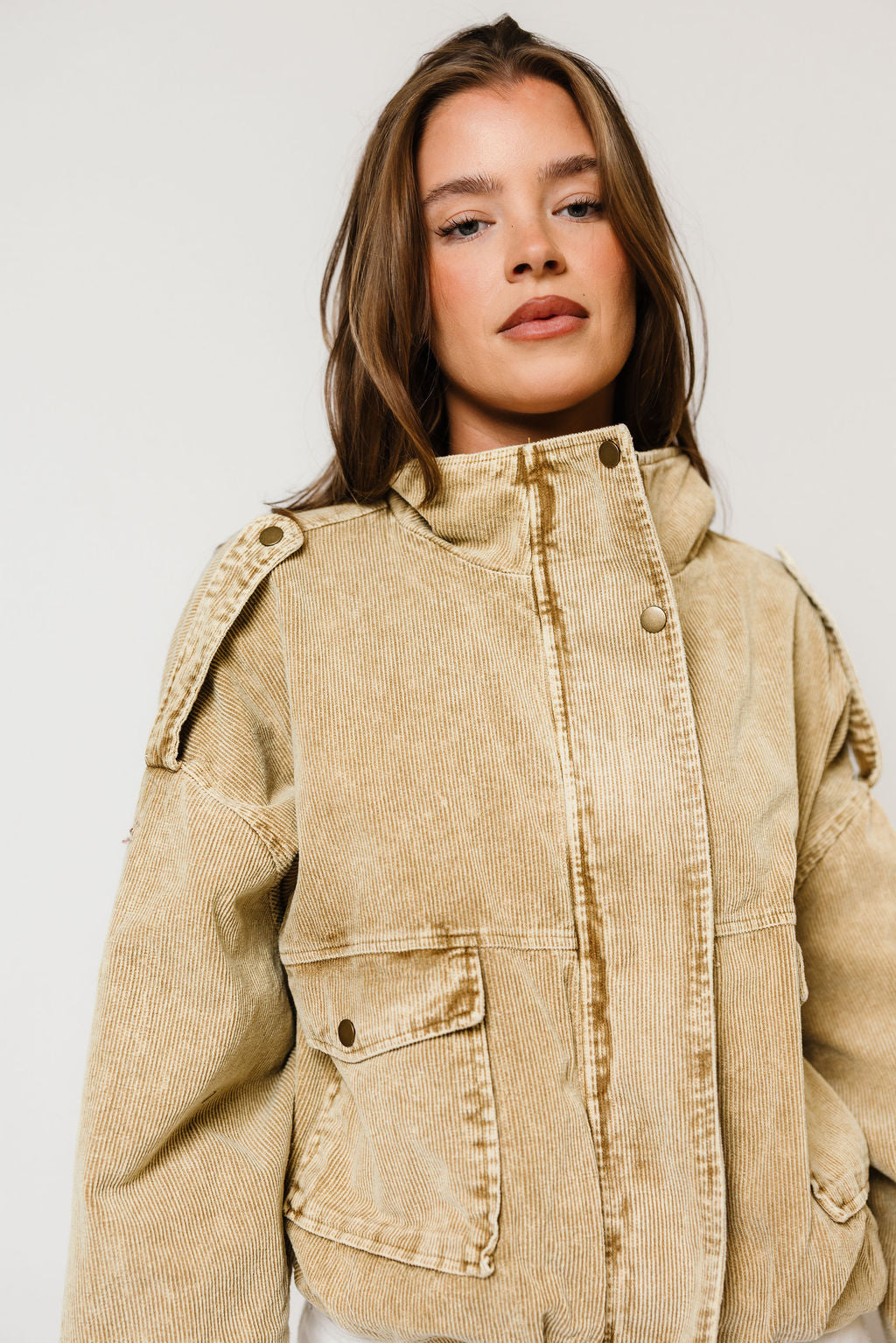 Saint Washed Boyfriend Fit Corduroy Jacket in Beige, full length