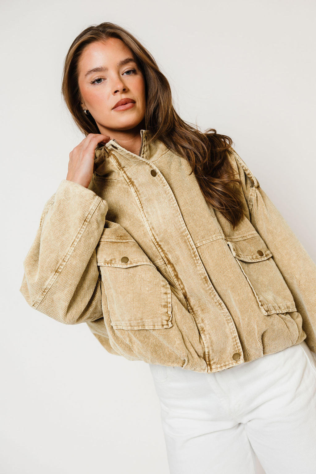 Saint Washed Boyfriend Fit Corduroy Jacket in Beige, close view