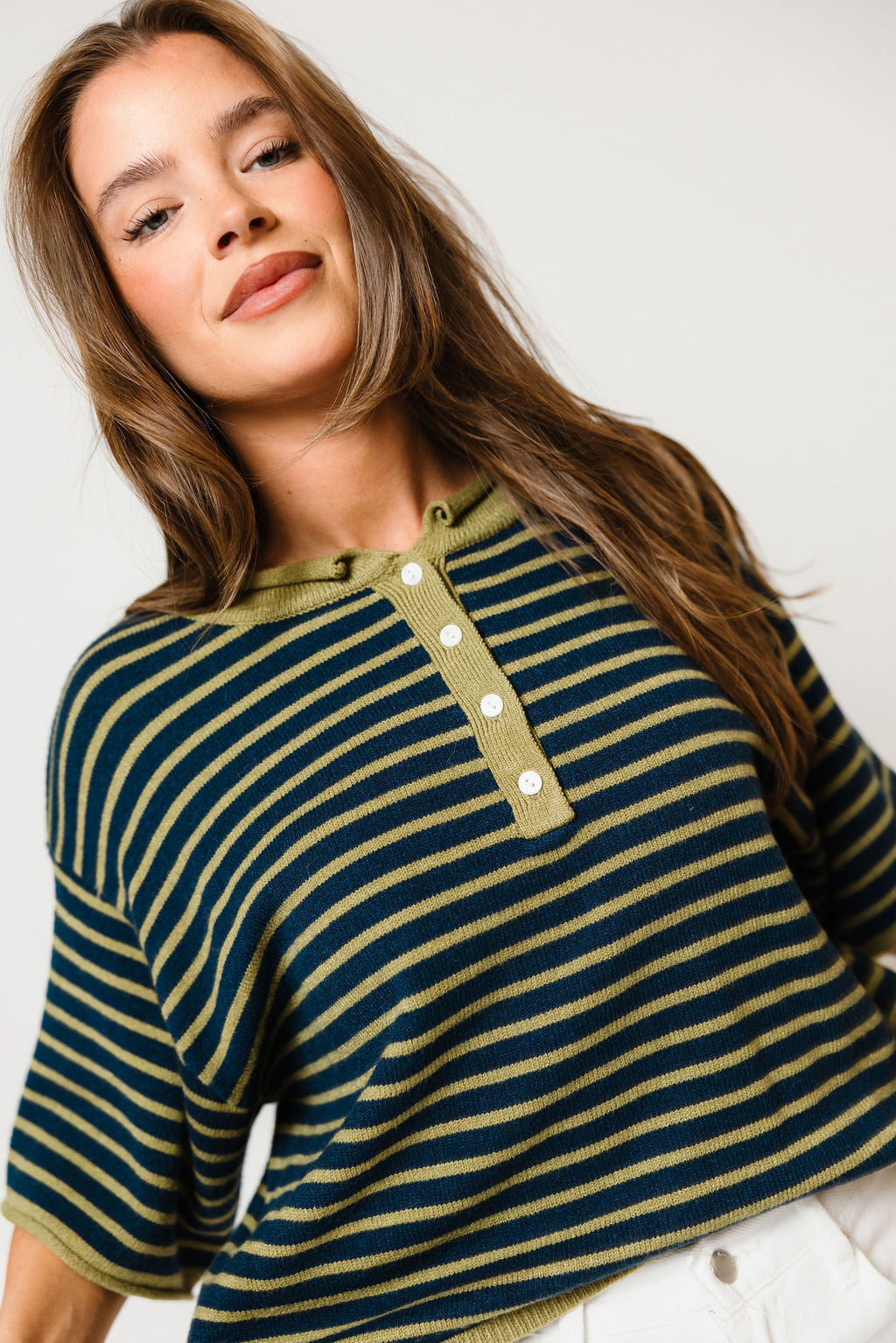 Jagger Striped Short Sleeve Sweater in Navy/Matcha, studio view