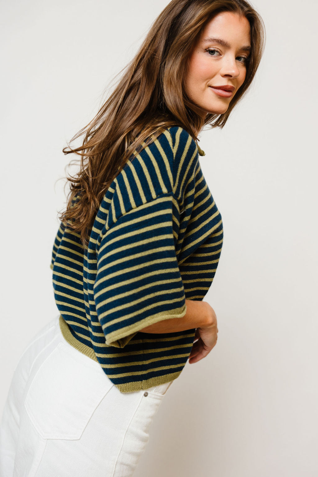 Jagger Striped Short Sleeve Sweater in Navy/Matcha, styled view