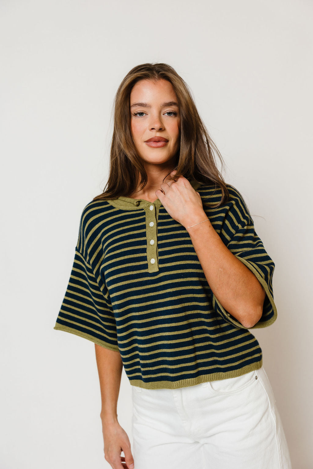 Jagger Striped Short Sleeve Sweater in Navy/Matcha, close view