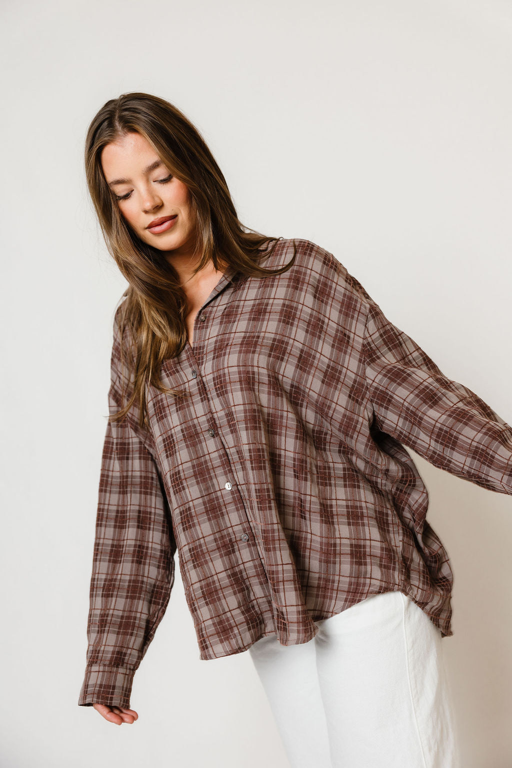 Cathy Oversized Plaid Shirt in Brown, full length
