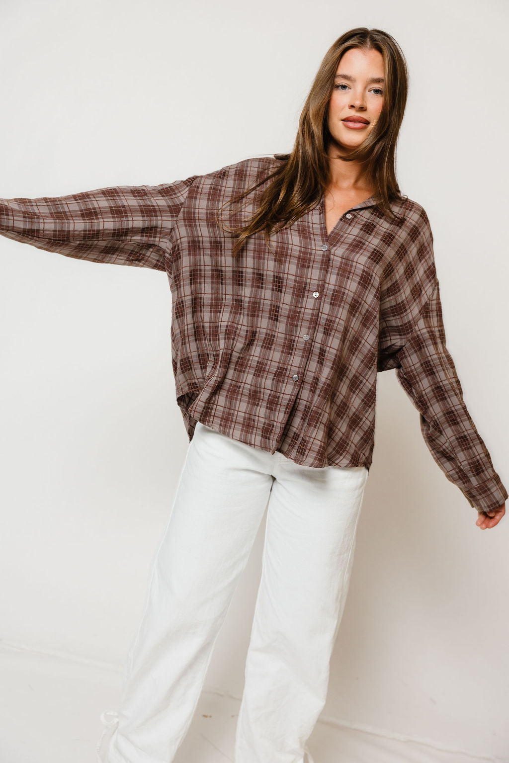 Cathy Oversized Plaid Shirt in Brown, side view
