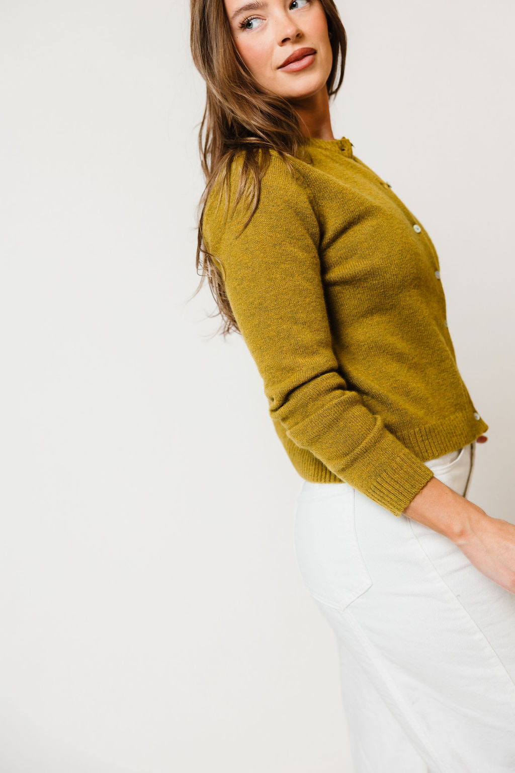 Elara Cardigan in Moss, styled view