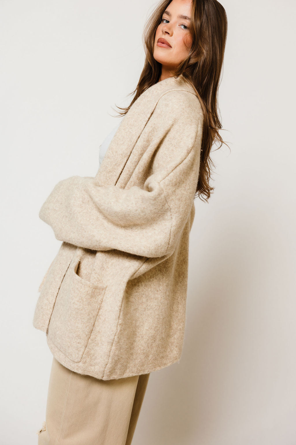 Annabelle Relaxed Shawl Collar Open Front Cardigan in Oatmeal, styled view