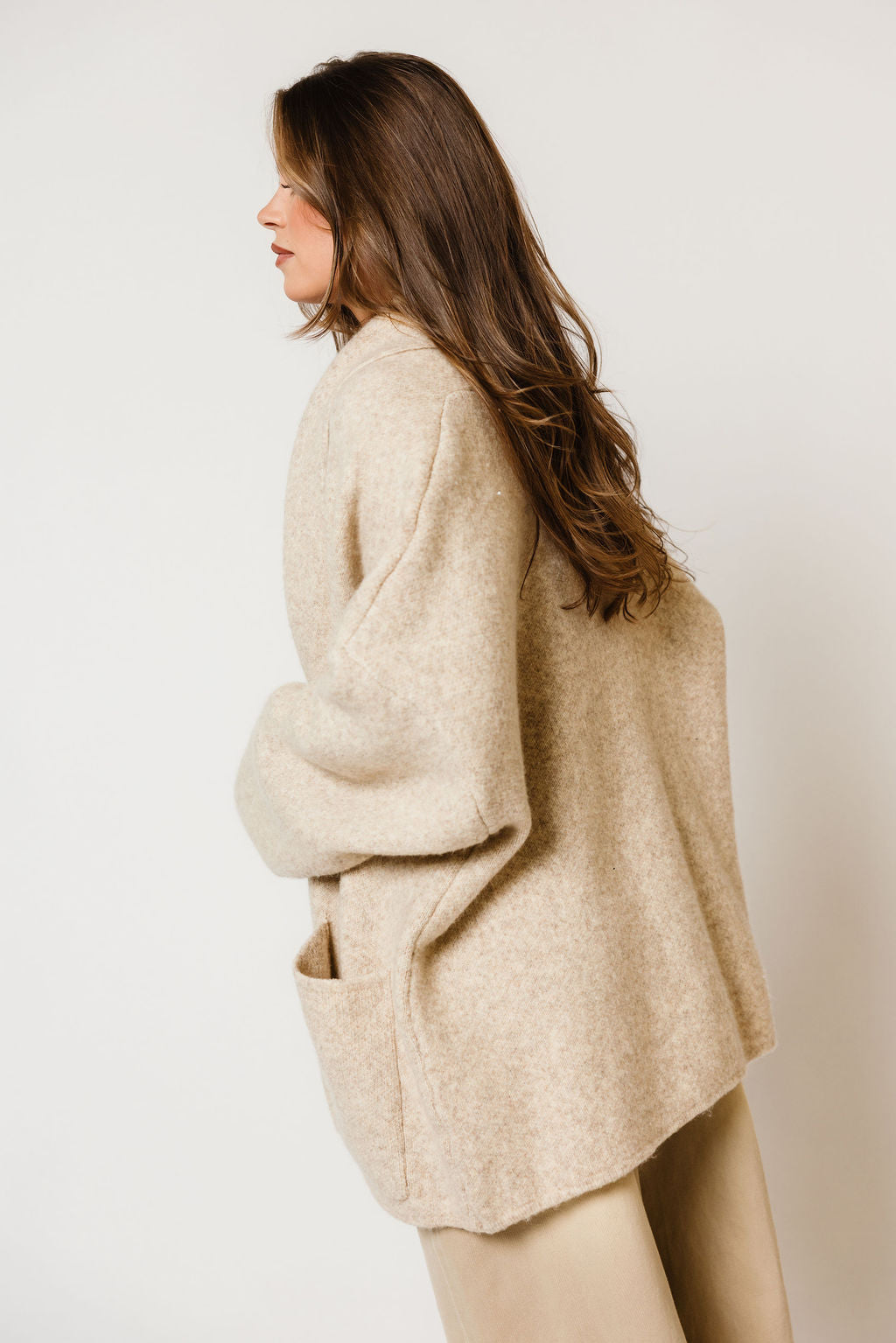 Annabelle Relaxed Shawl Collar Open Front Cardigan in Oatmeal, another angle