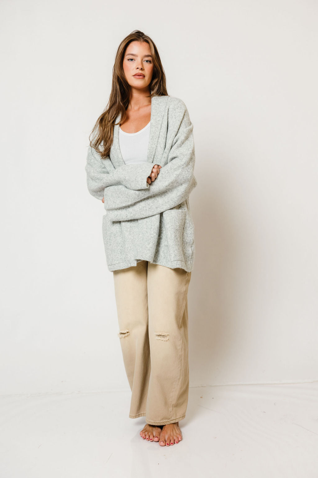 Annabelle Relaxed Shawl Collar Open Front Cardigan in Birch, styled view