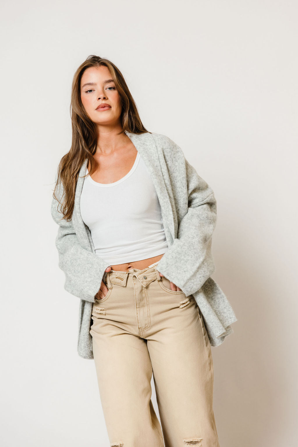 Annabelle Relaxed Shawl Collar Open Front Cardigan in Birch, another angle