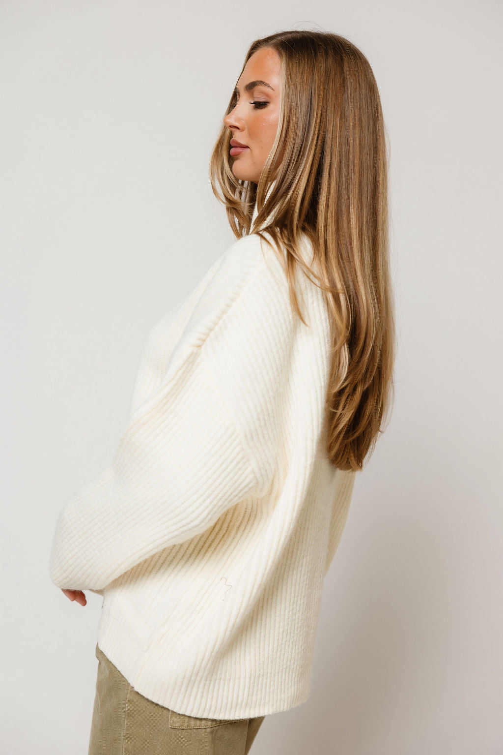 Kanna Mock Neck Zip-Up Jacket in Cream, styled view