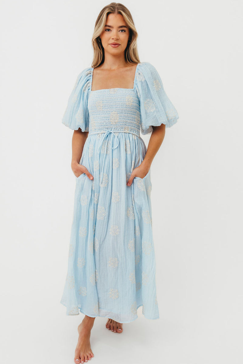 Aimee Smocked Embroidered Floral Midi Dress in Blue X-Small