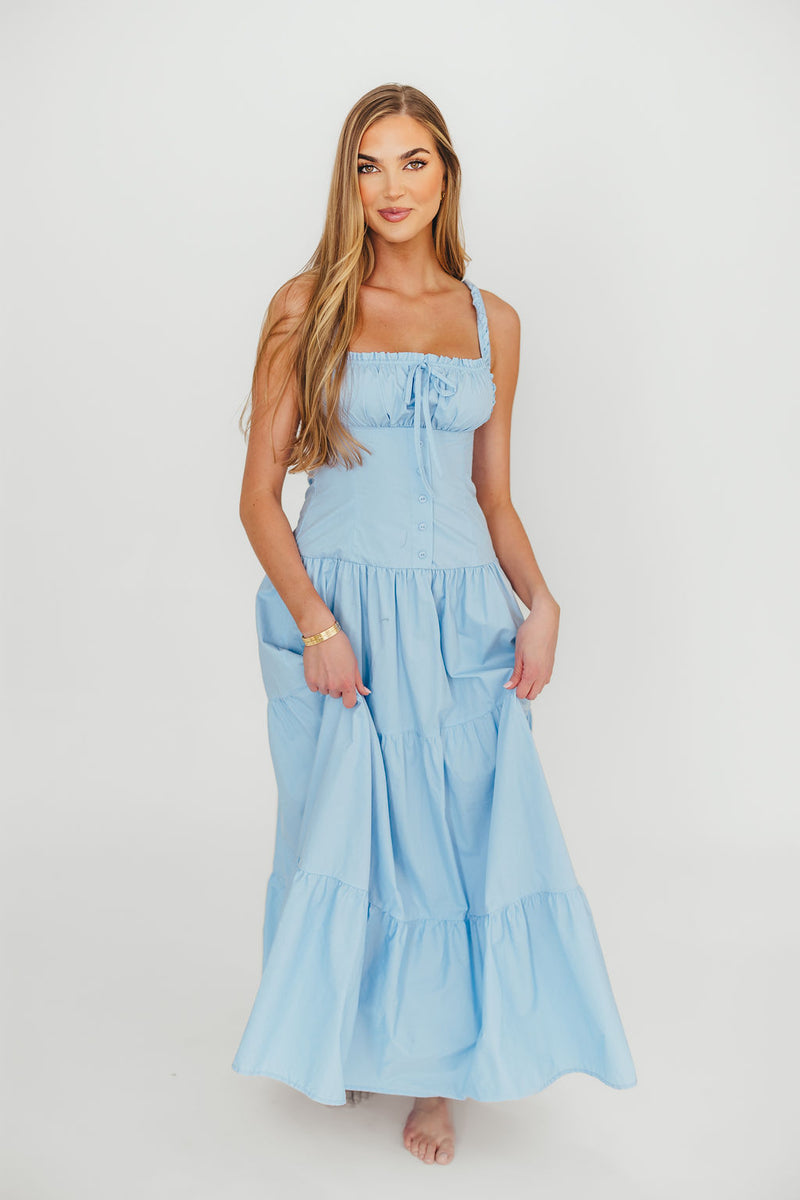 navy blue dress for baby girl Light Blue Floral Layers Spaghetti Straps Long Prom Dress with Slit Light Blue / US 4 main image 0