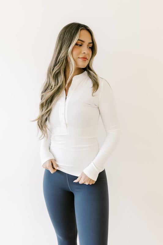 Worth the Label Button-Front Henley Top in White