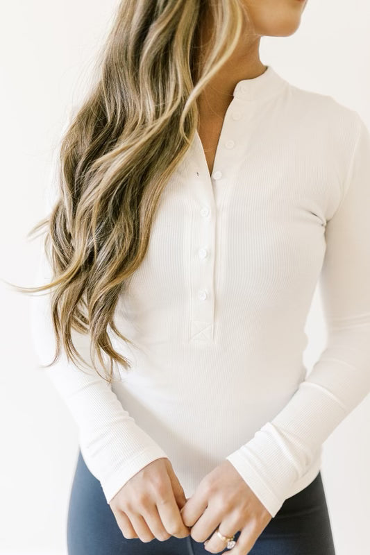 Worth the Label Button-Front Henley Top in White