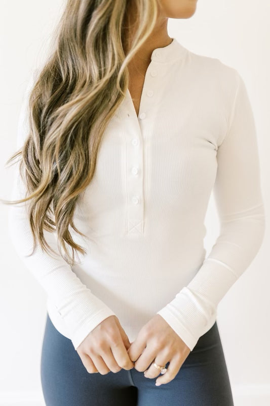 Worth the Label Button-Front Henley Top in White