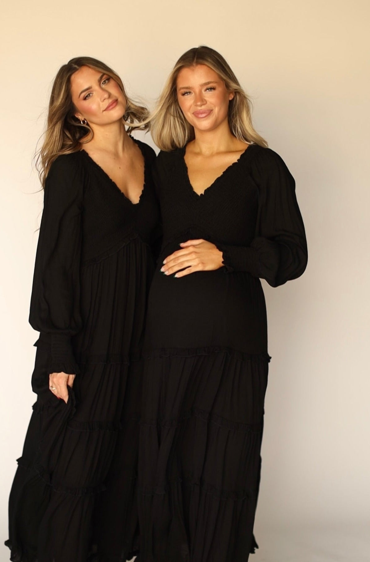 Pippa Long-Sleeved Smocked Maxi Dress in Black - Bump Friendly