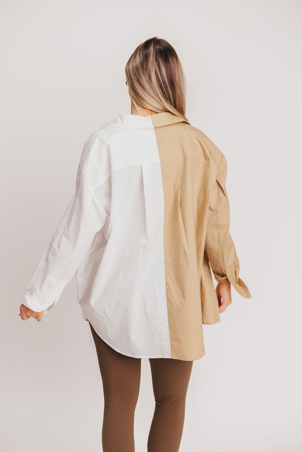Whitley Color-Blocked Button-Up in Taupe/White