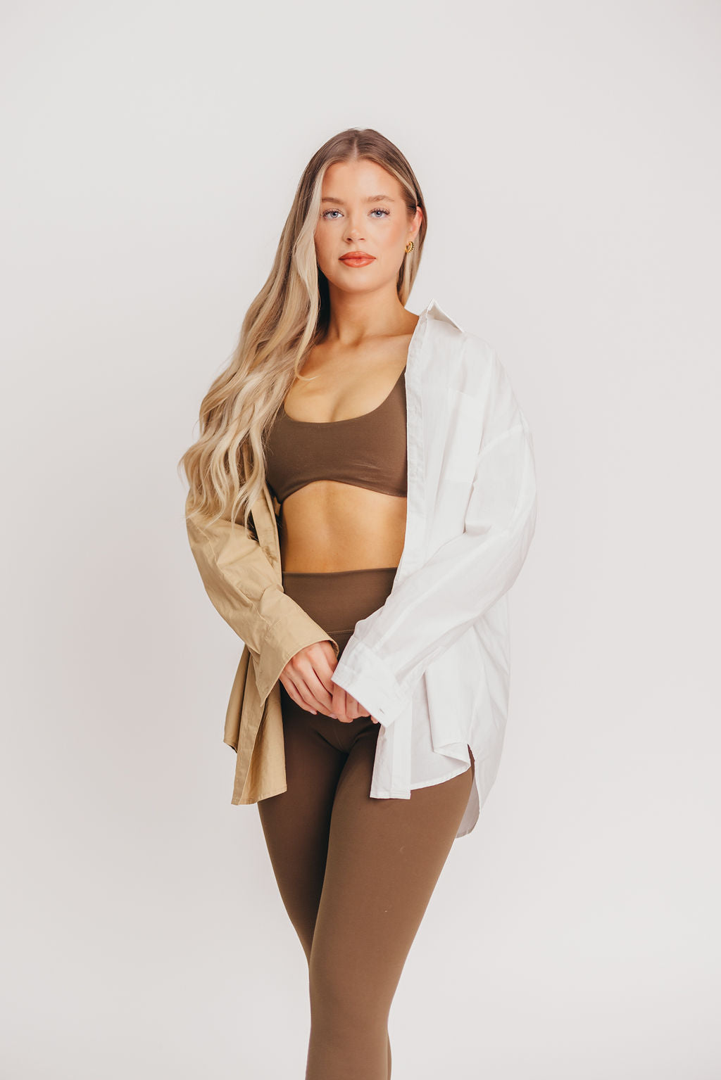 Whitley Color-Blocked Button-Up in Taupe/White