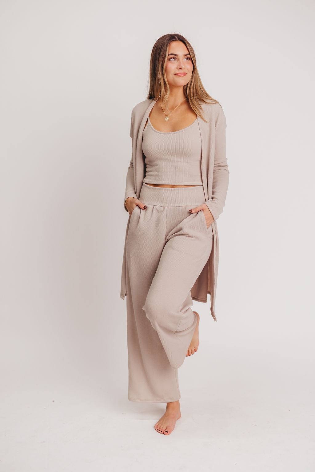 Birdie Ribbed Tank and Wide Leg Pant Set in Khaki - Inclusive Sizing (S-2X)