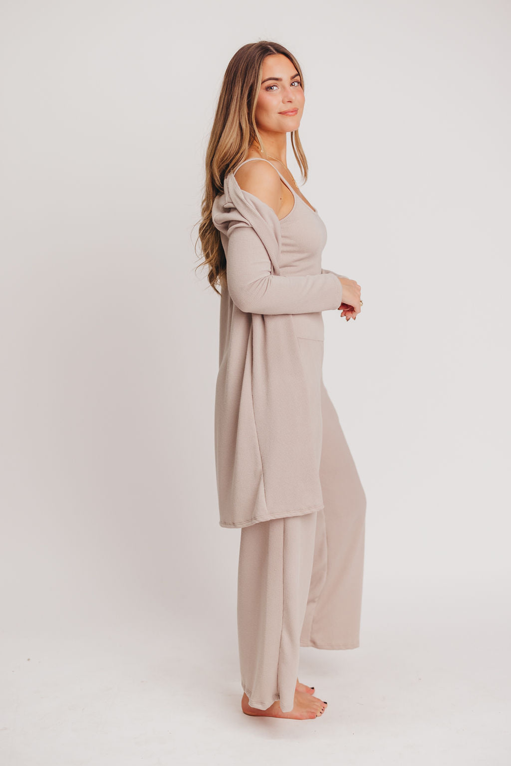 Birdie Ribbed Tank and Wide Leg Pant Set in Khaki - Inclusive Sizing (S-2X)