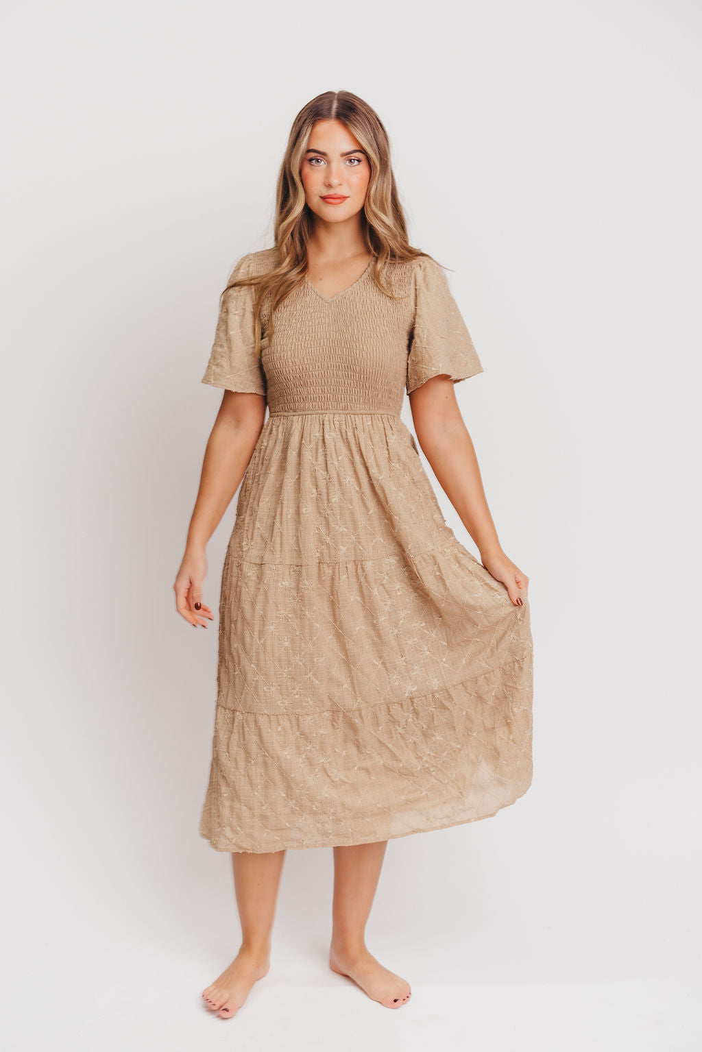 Coda Smocked Tiered Midi Dress in Taupe - Bump Friendly and Inclusive Sizing