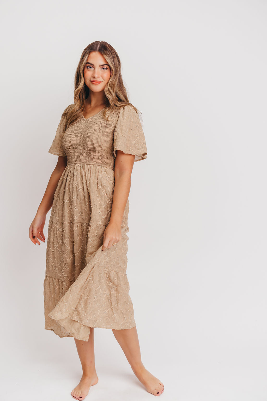 Coda Smocked Tiered Midi Dress in Taupe - Bump Friendly and Inclusive Sizing