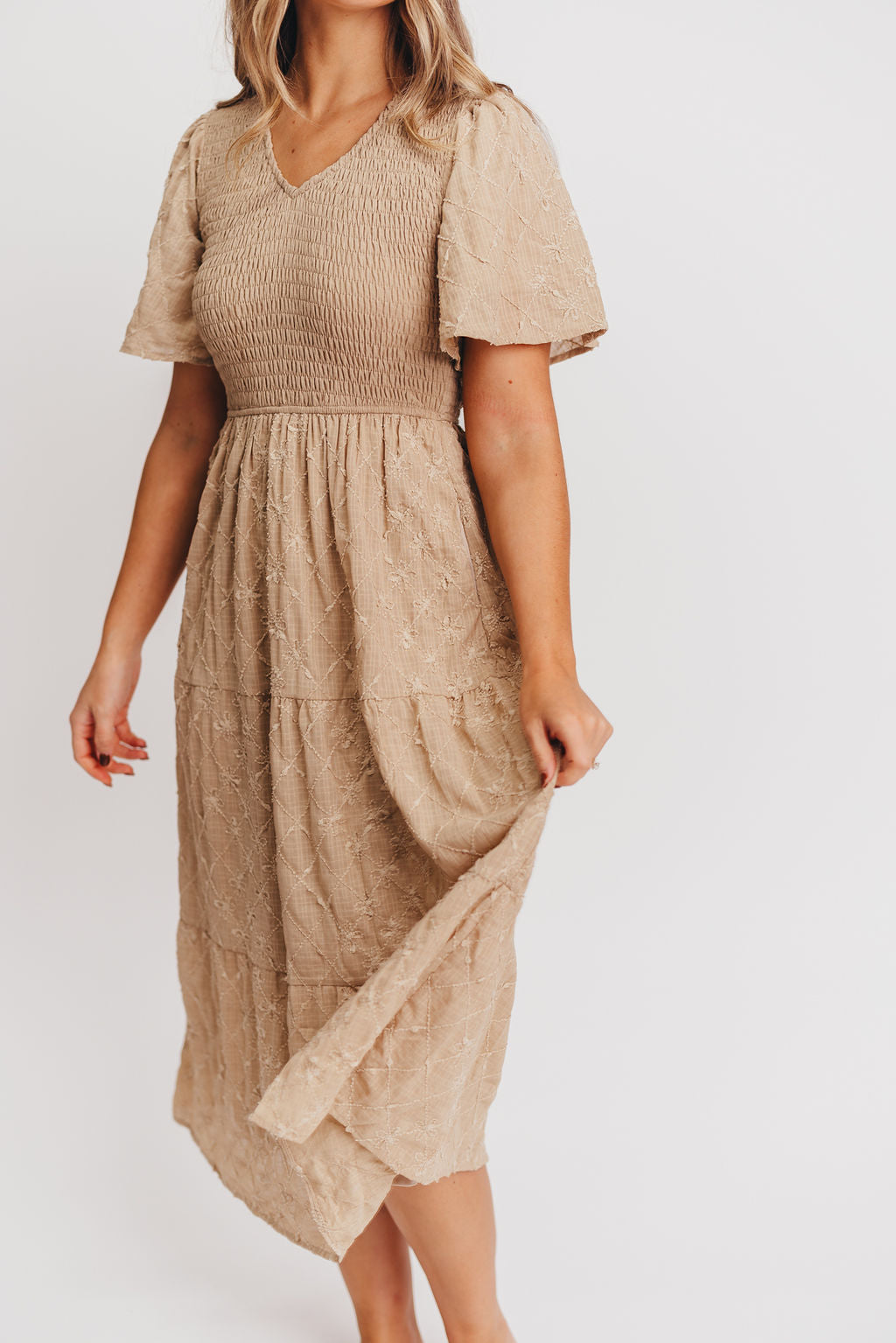 Coda Smocked Tiered Midi Dress in Taupe - Bump Friendly and Inclusive Sizing