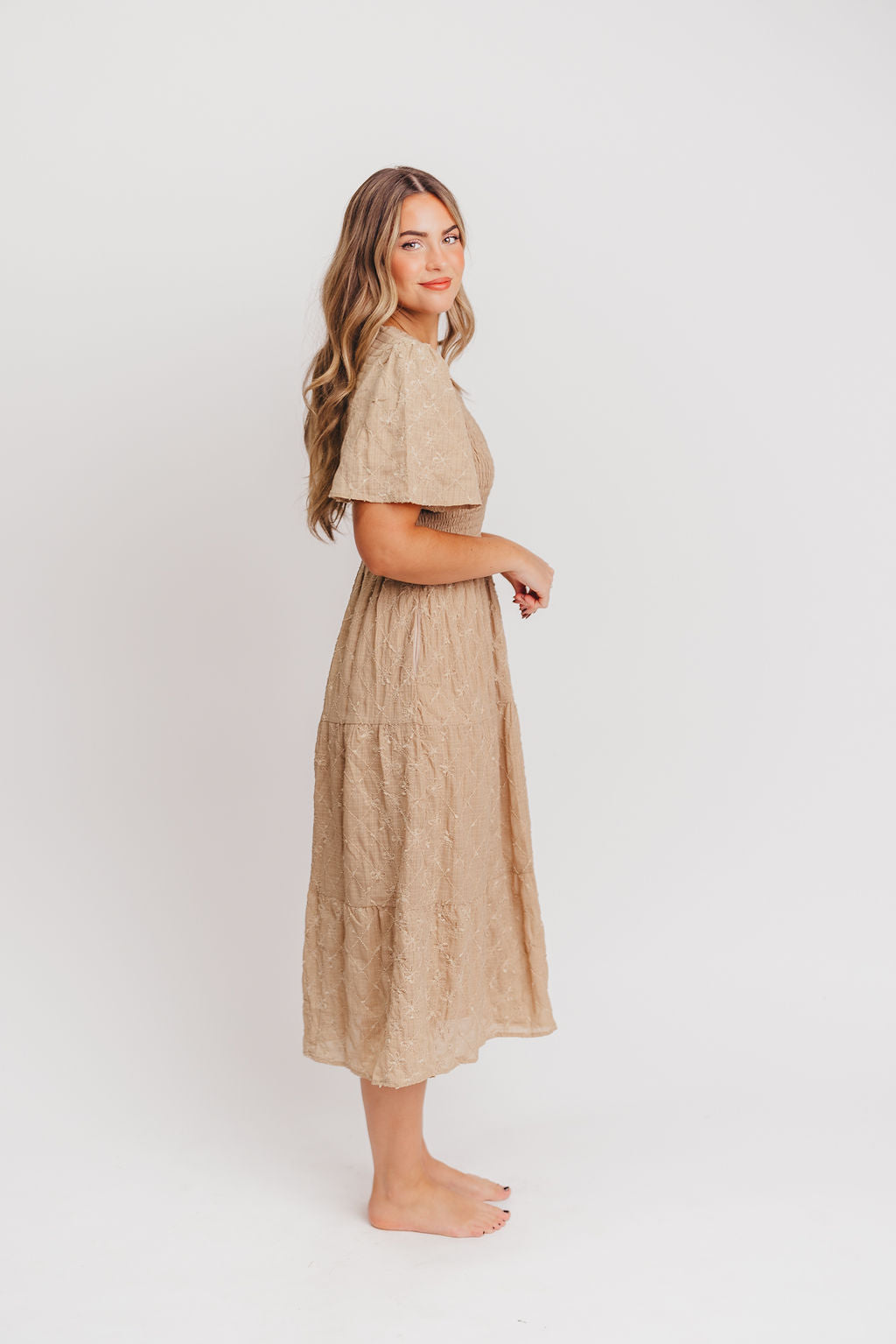 Coda Smocked Tiered Midi Dress in Taupe - Bump Friendly and Inclusive Sizing
