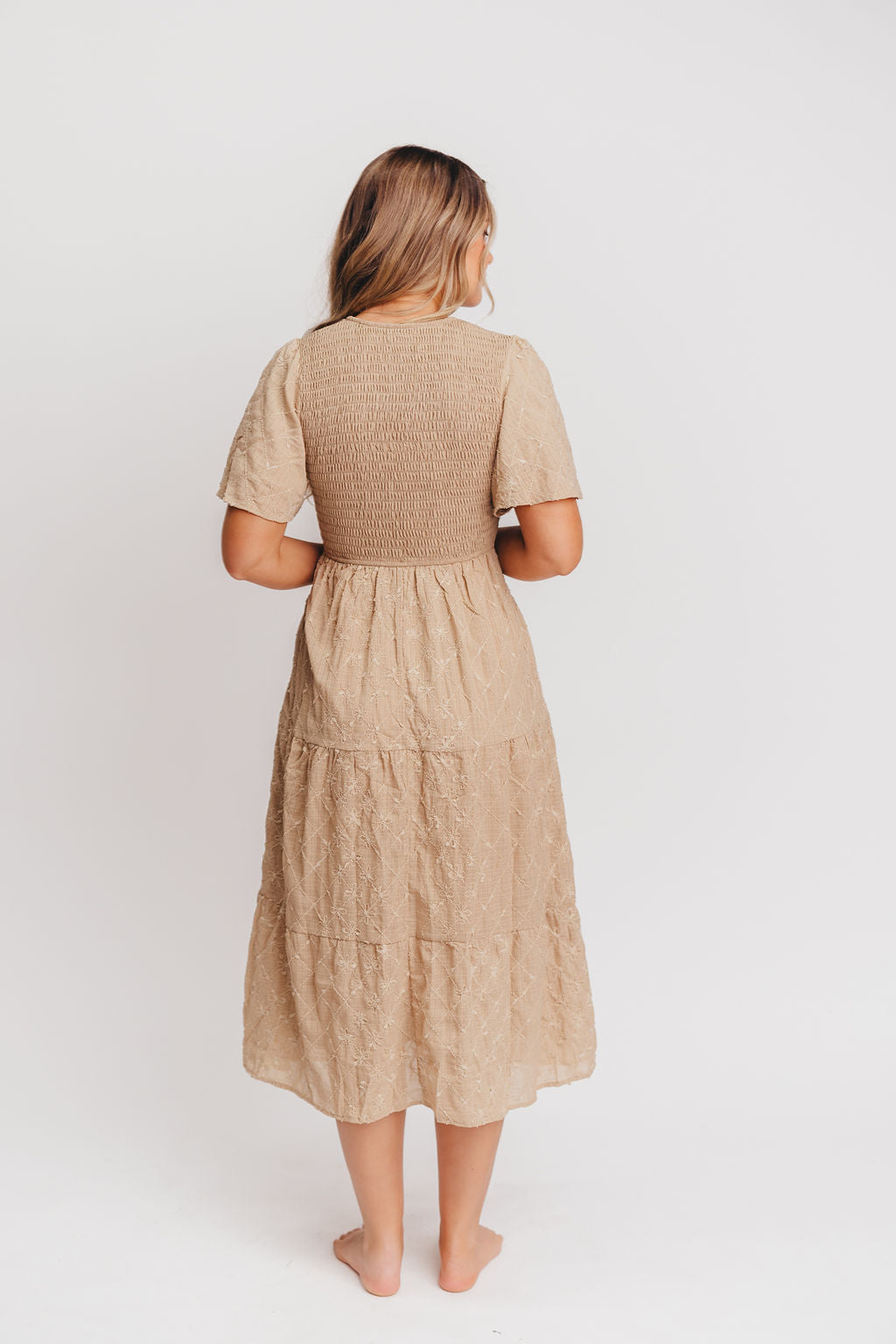 Coda Smocked Tiered Midi Dress in Taupe - Bump Friendly and Inclusive Sizing