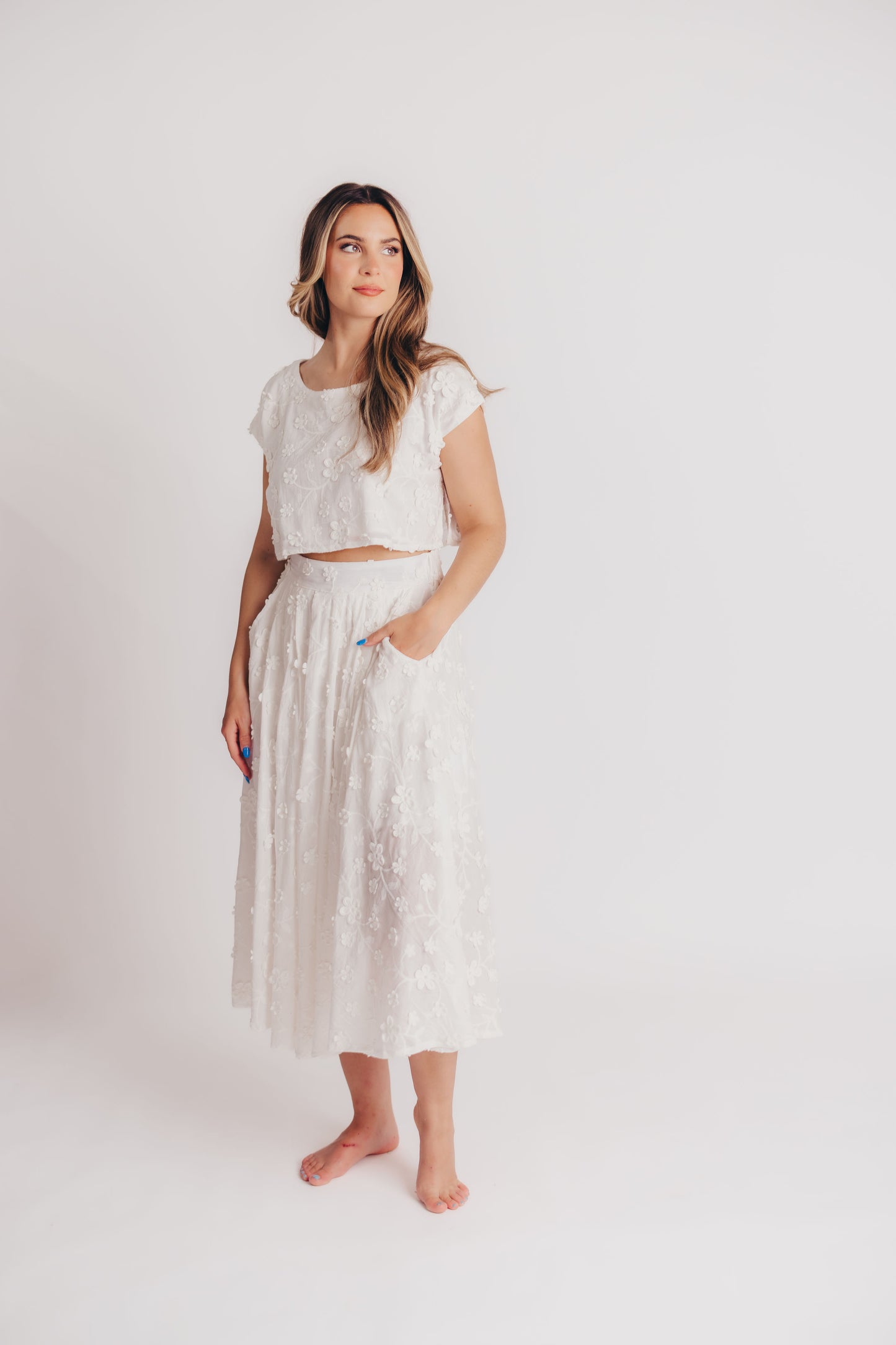 Helen Floral Crop and Midi Skirt Set in White