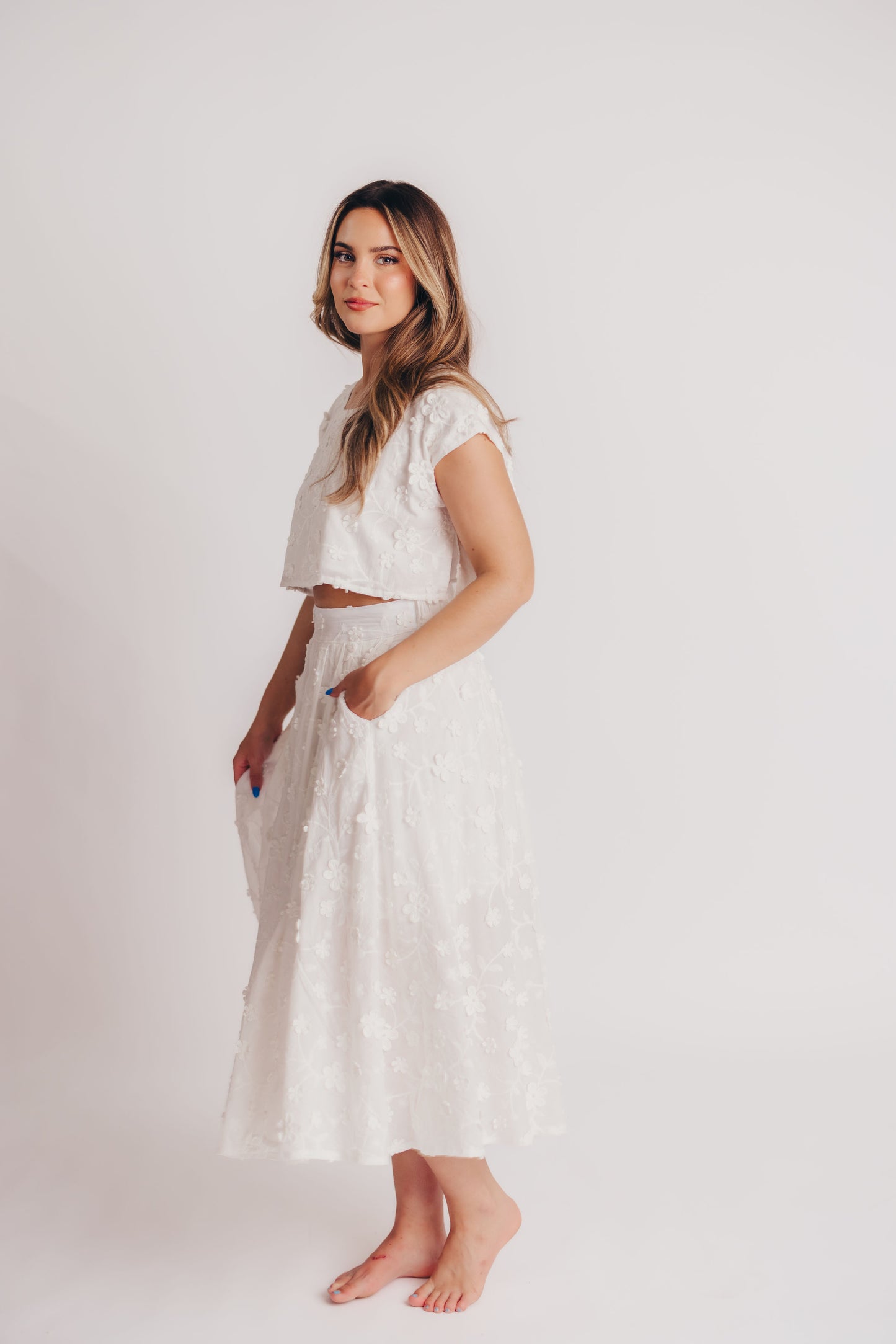 Helen Floral Crop and Midi Skirt Set in White