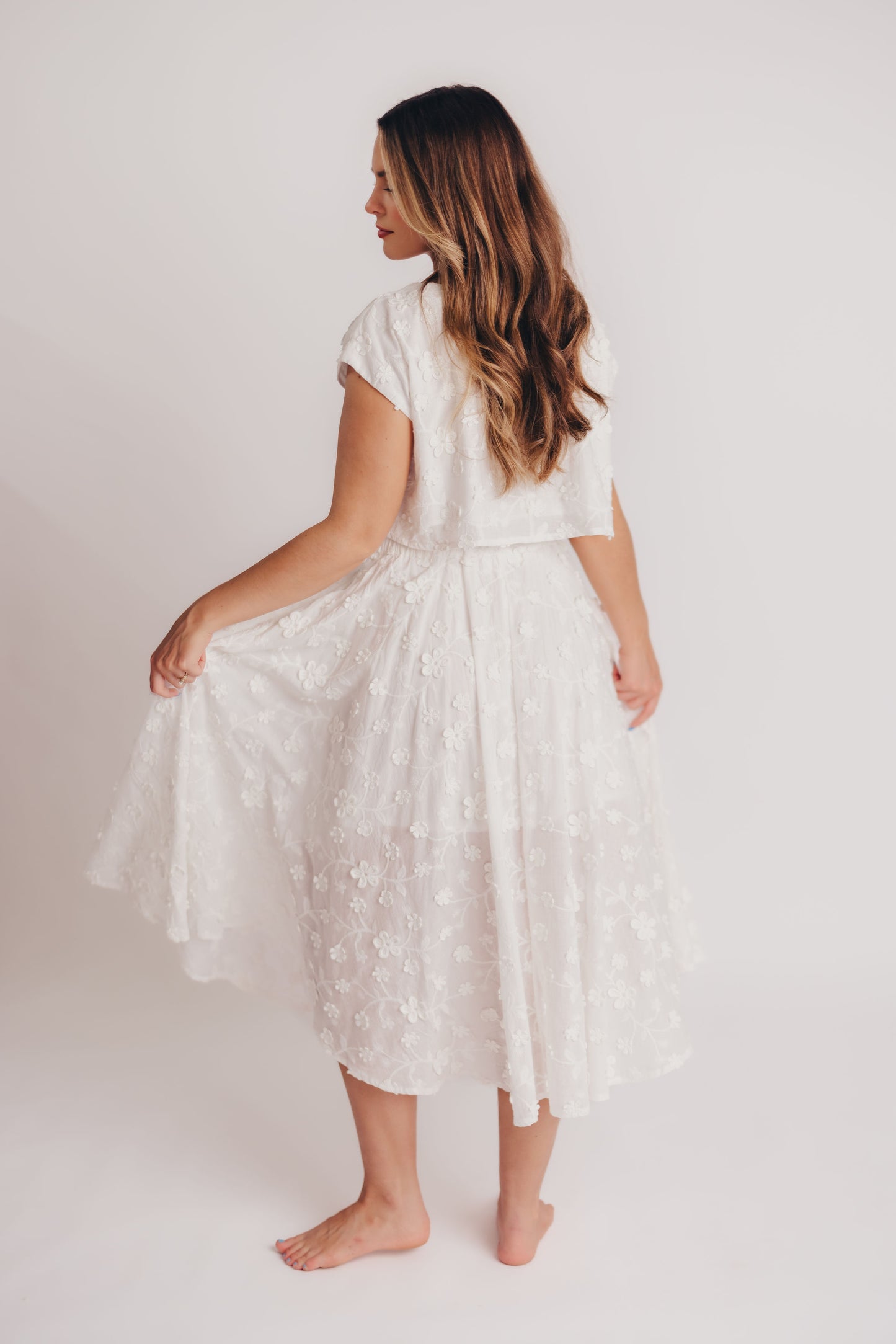 Helen Floral Crop and Midi Skirt Set in White