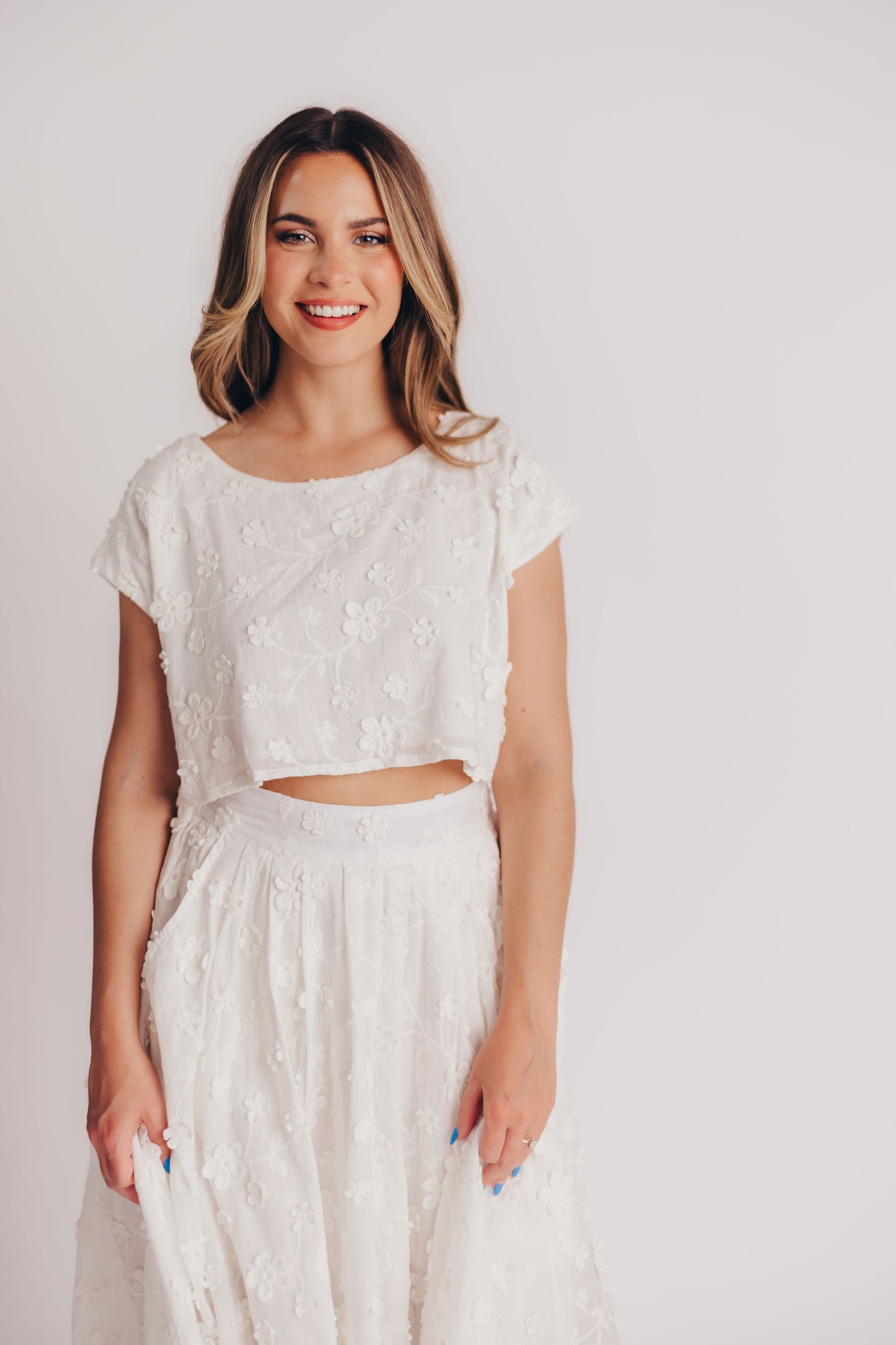 Helen Floral Crop and Midi Skirt Set in White