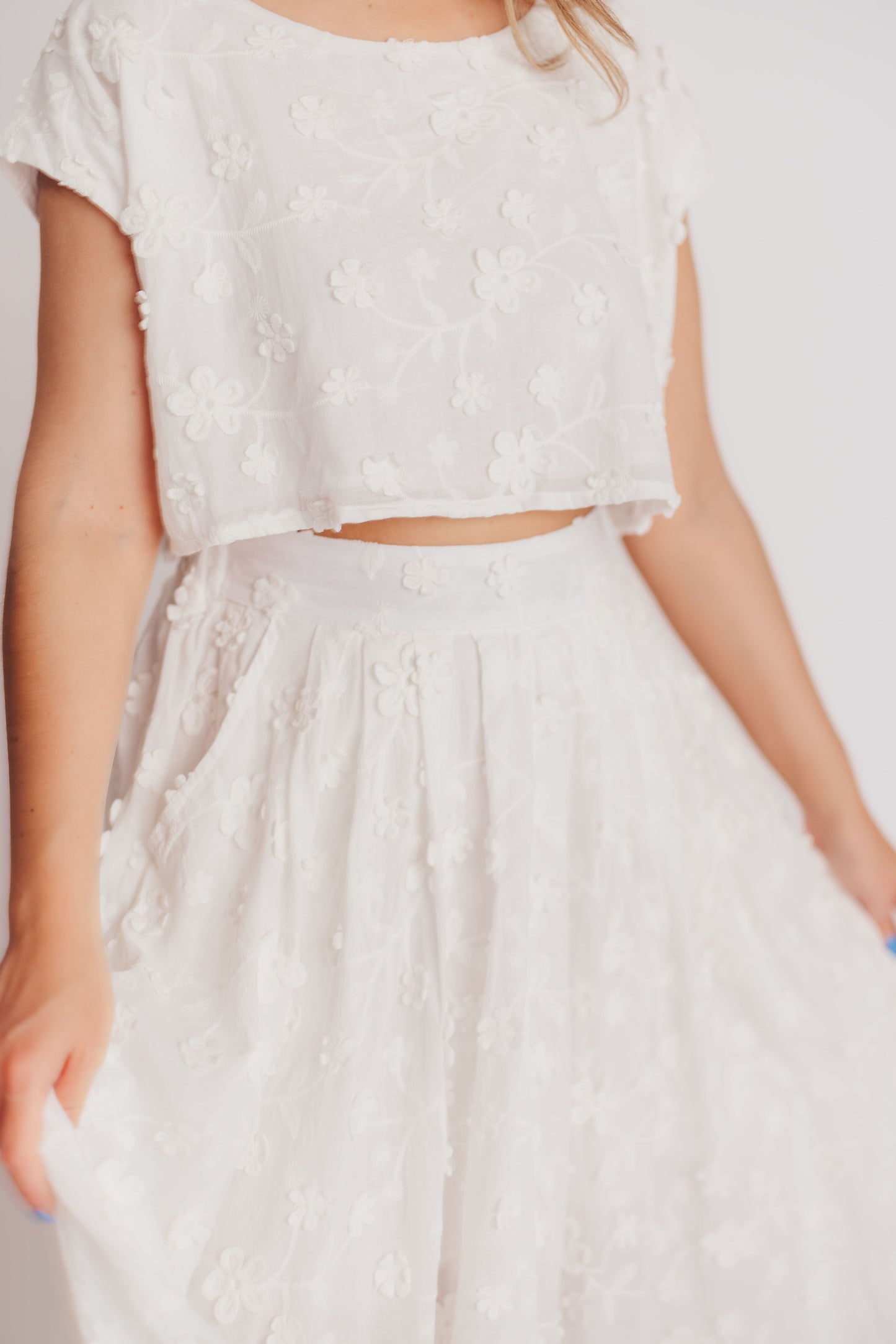 Helen Floral Crop and Midi Skirt Set in White
