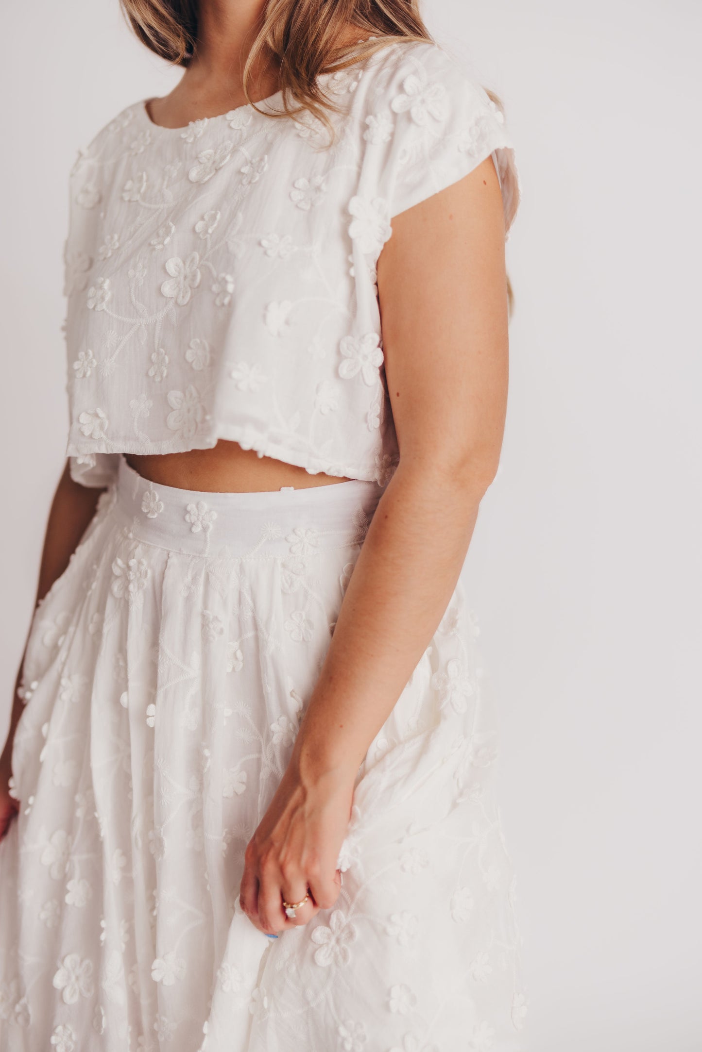 Helen Floral Crop and Midi Skirt Set in White