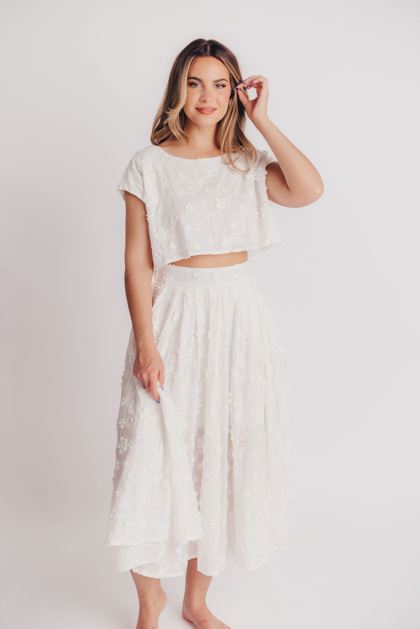 Helen Floral Crop and Midi Skirt Set in White