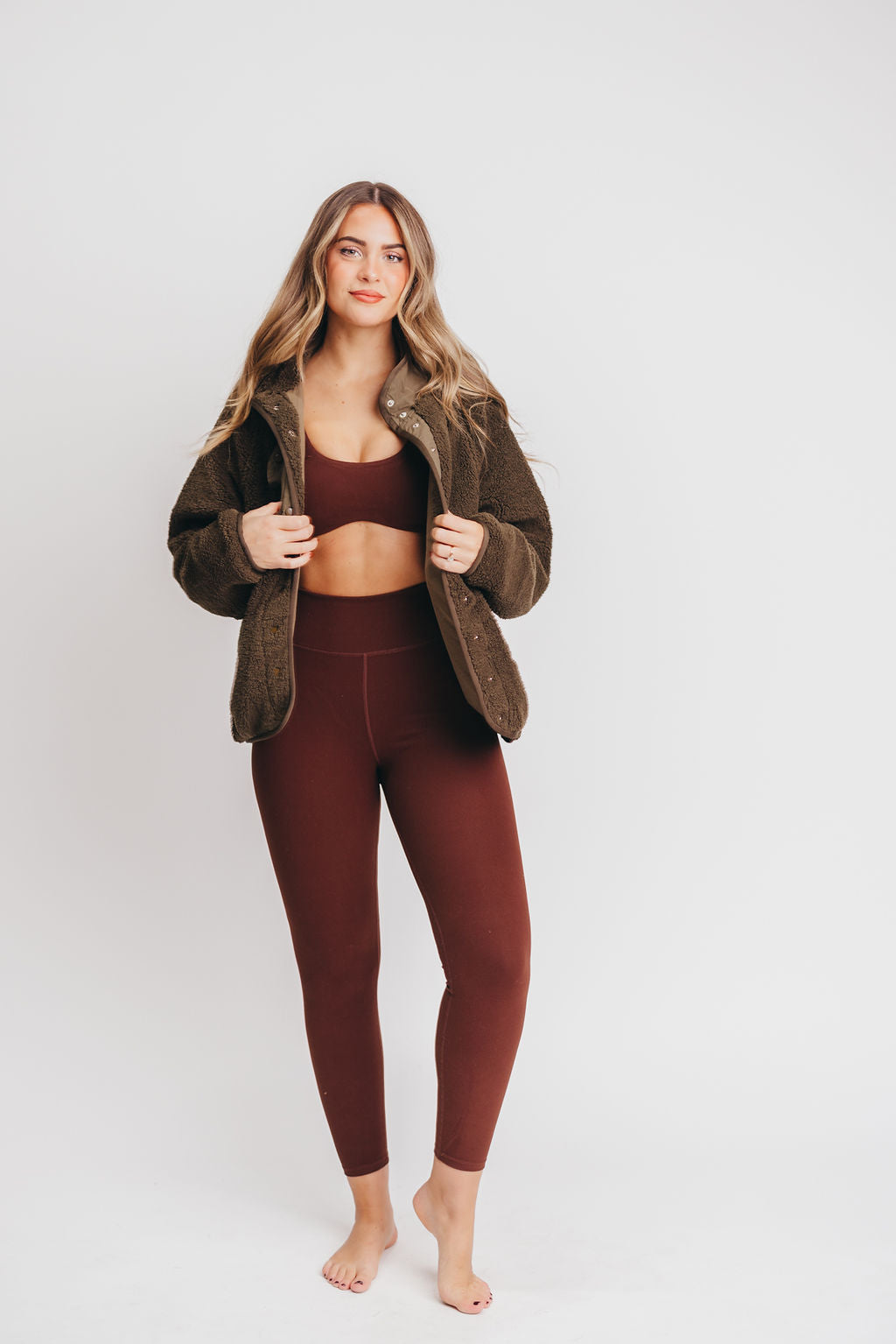 Dolly Oversized Sherpa Jacket with Snap Buttons in Dark Olive