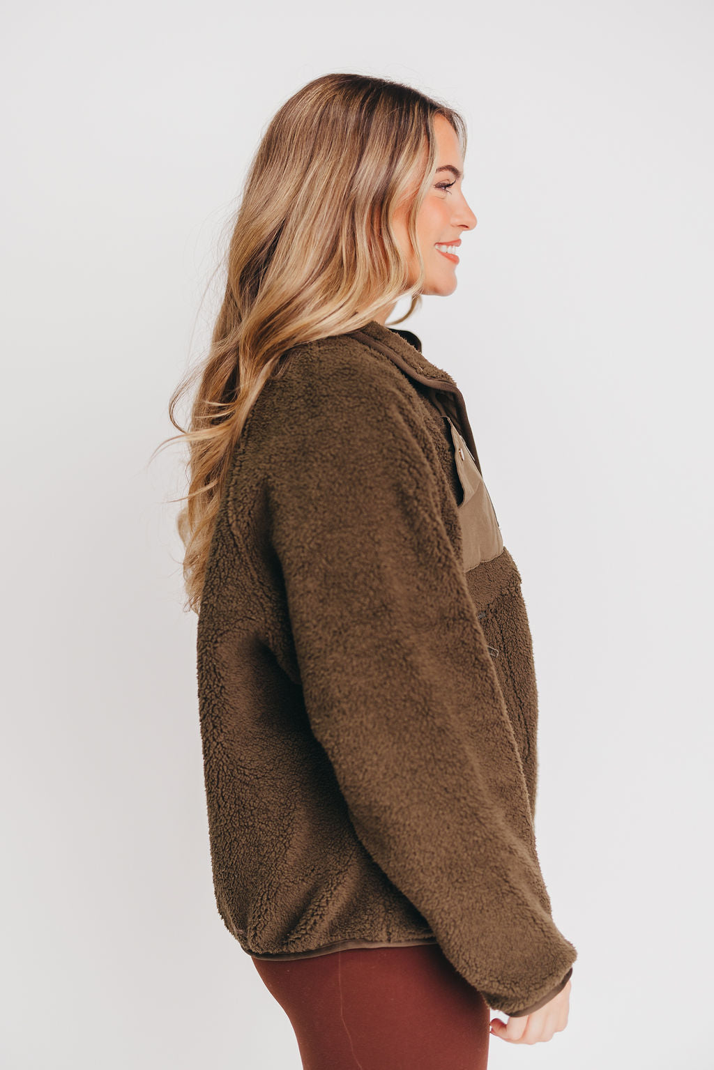 Dolly Oversized Sherpa Jacket with Snap Buttons in Dark Olive