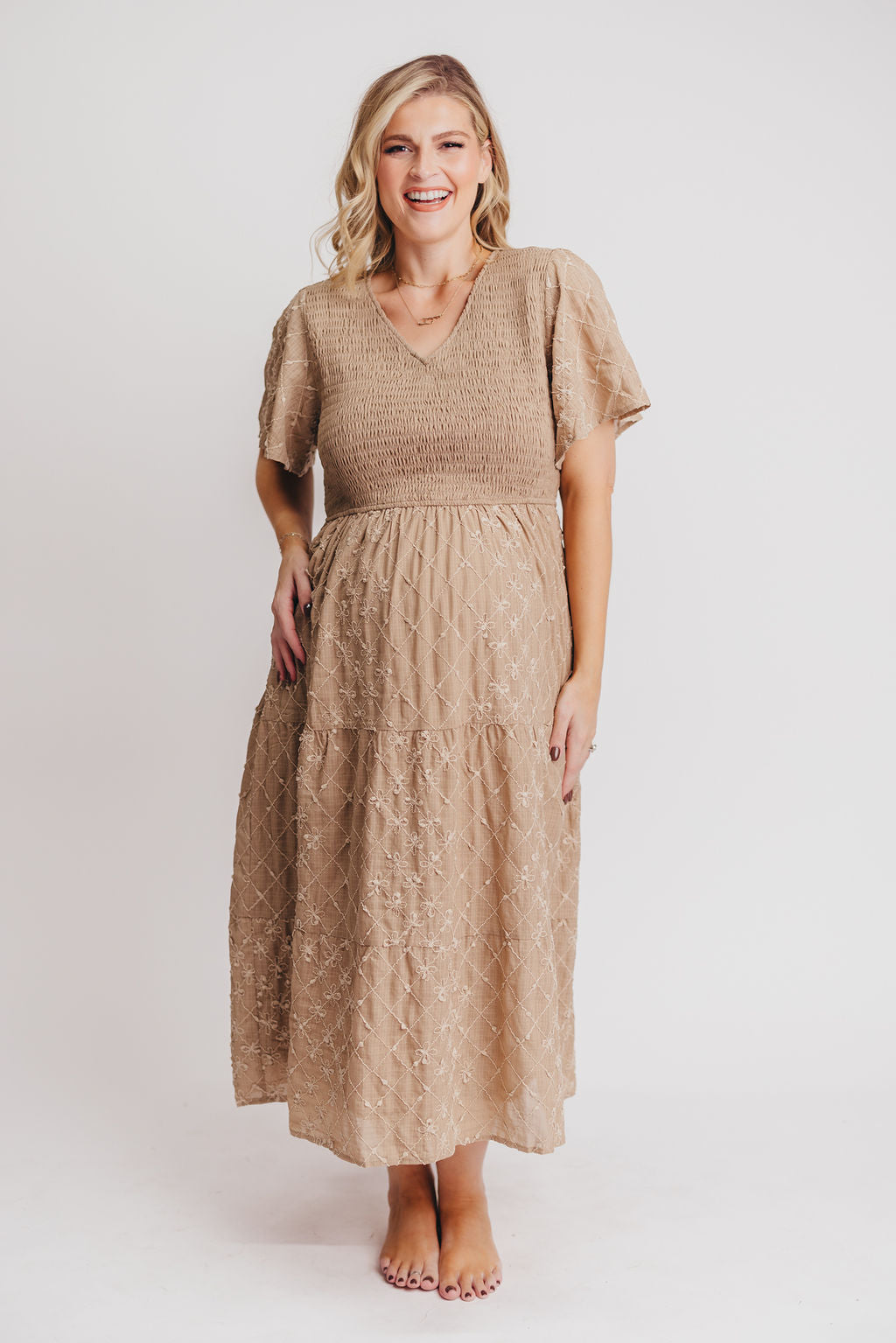 Coda Smocked Tiered Midi Dress in Taupe - Bump Friendly and Inclusive Sizing