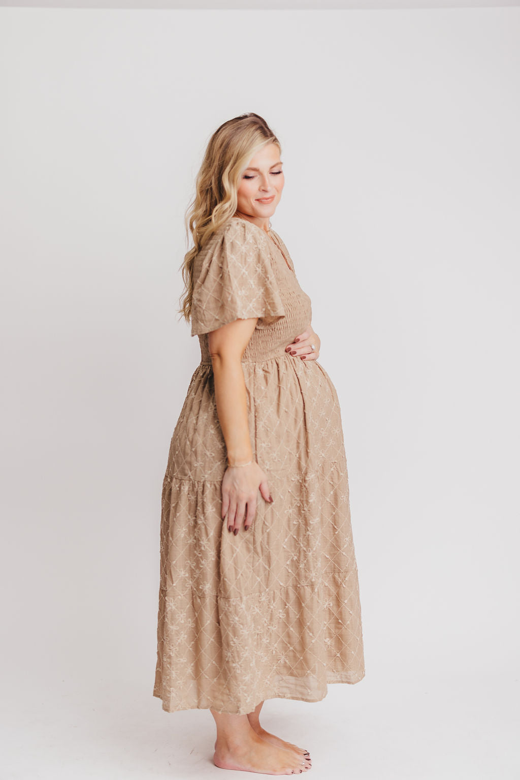 Coda Smocked Tiered Midi Dress in Taupe - Bump Friendly and Inclusive Sizing