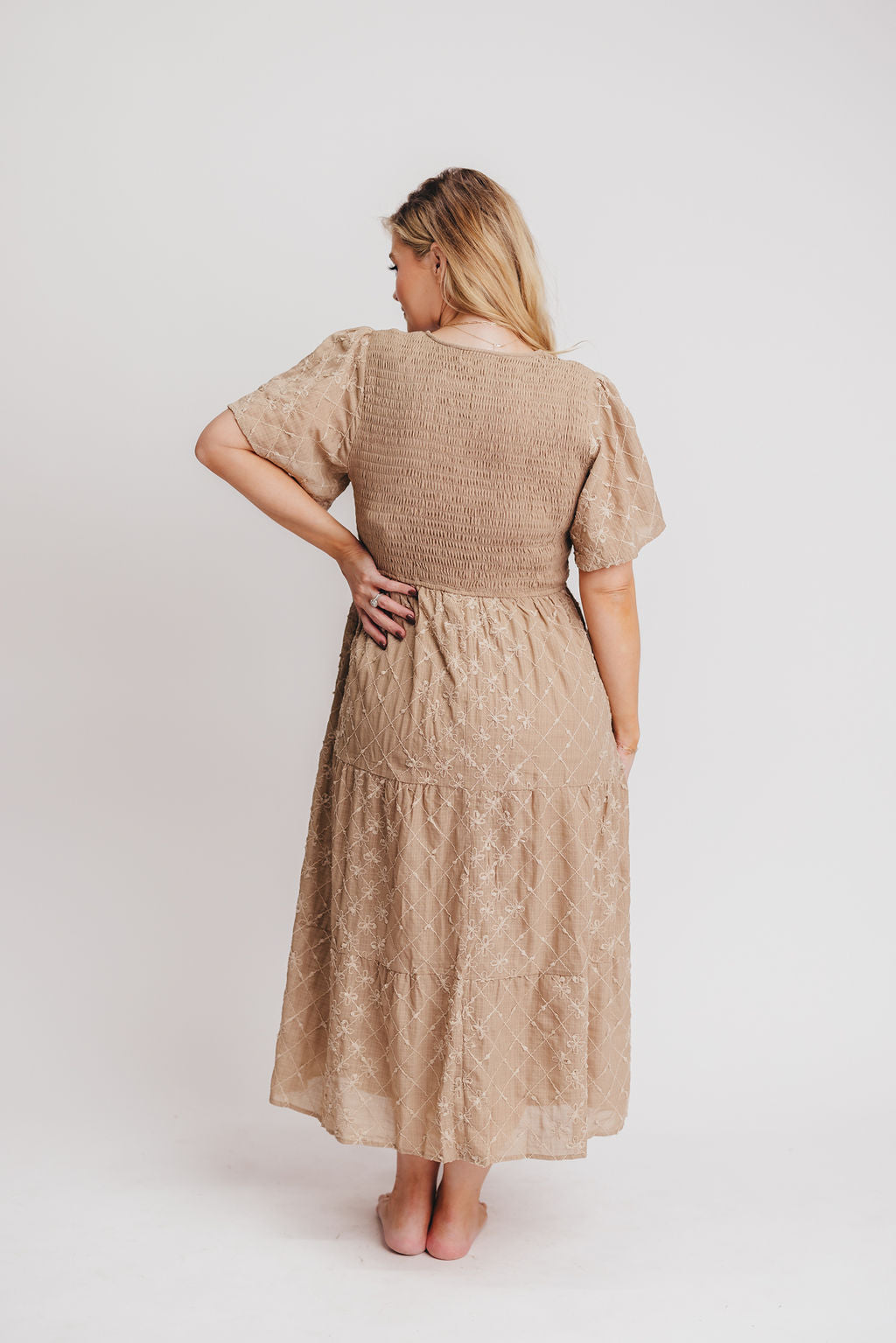 Coda Smocked Tiered Midi Dress in Taupe - Bump Friendly and Inclusive Sizing